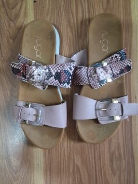 Sugar Pink Snake-Print Buckle Slide Sandals with Blush Straps